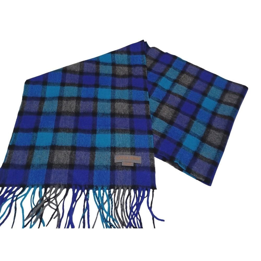 Louisa Perini Womens 100% Cashmere Scarf Blue Purple Plaid Fringe Dark Academia